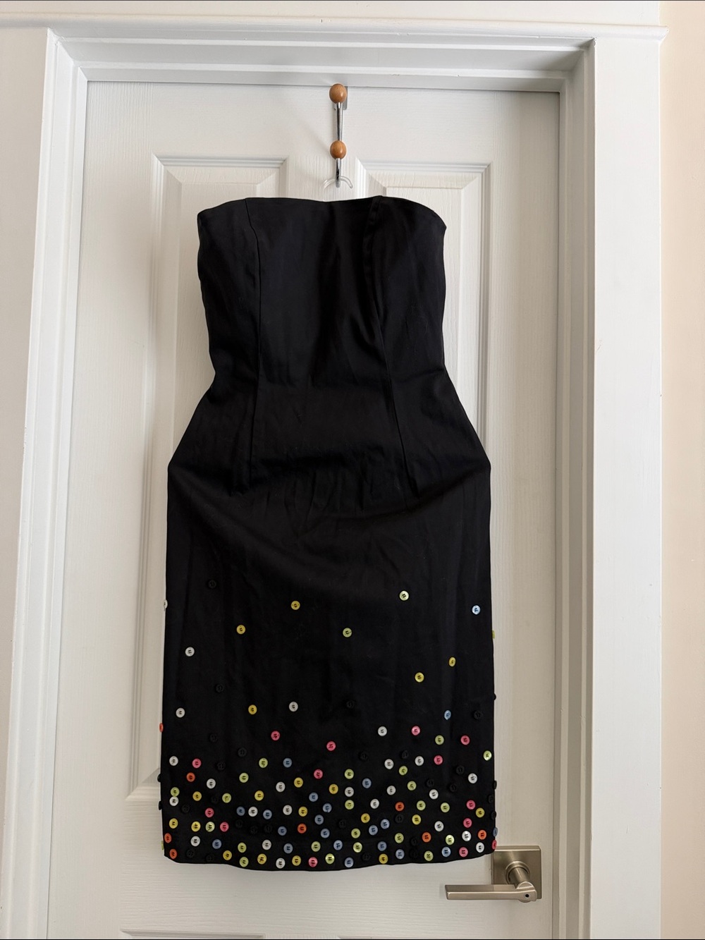 New Moschino Black Strapless Dress with buttons, Size 10.